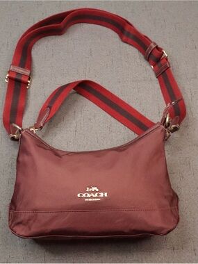 COACH Ellis Shoulder Bag Wine Red Nylon Multi-Way Handbag Crossbody